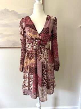 Jessica Simpson Long Sleeve Boho Western V-Neck Mini Dress
